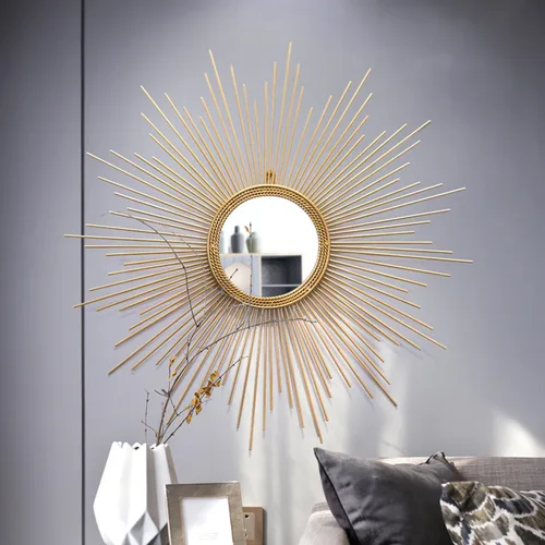 Vista 7 de APLUSH Espejo de pared dorado con forma de explosión de sol de mediados de siglo, moderno Starburst, gran círculo colgante decorativo, para sala