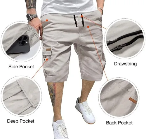 Vista 7 de JMIERR Pantalones cortos de sarga para hombre con cordón de algodón clásico elástico con 6 bolsillos