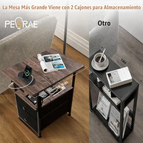 Vista 5 de PESRAE Lámpara de pie con mesa y 2 cajones, mesa auxiliar con luz de lectura de 3 temperaturas de color, lámpara de mesa lateral con USB y puertos