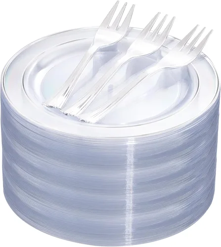 Vista 10 de DaYammi 240 platos de postre que incluyen 120 platos dorados para pastel de 6.3 pulgadas con 120 tenedores de plástico dorado de 5.7 pulgadas