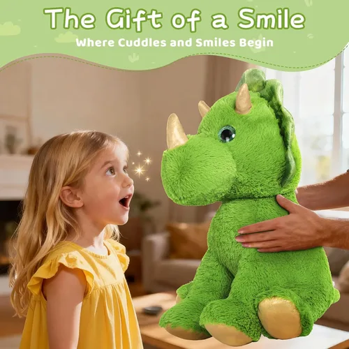 Vista 5 de Muiteiur Triceratops - Animal de peluche gigante de dinosaurio para mamá con 3 bebés pequeños, juguete de dinosaurio de felpa suave verde, regalo