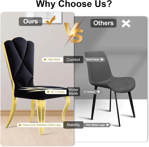 Vista 8 de Juego de 2 sillas de comedor de terciopelo negro y dorado, sillas de cocina tapizadas con respaldo alto con patas de acero inoxidable pulido, sillas
