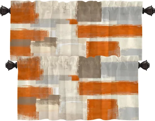Vista 83 de Shrahala Beige and Orange Abstract Art Brushstrokes Blackout Curtain Tiers, Abstract Oil Paint Kitchen Valance Light Blocking Tier Drapes with Rod