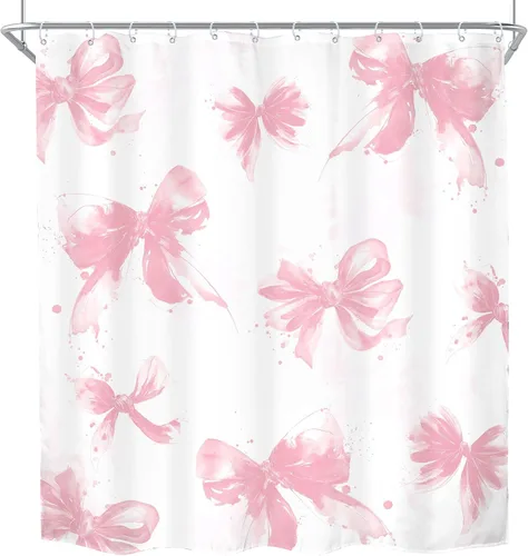 Vista 8 de MESHELLY Cortina de ducha con lazo rosa 72Wx72H Beige Femenino Lindo para B-rosa Blanco