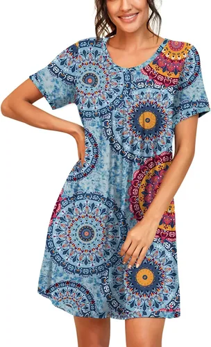 Vista 2 de PrinStory - Camisón de manga corta para mujer con plisado y cuello redondo