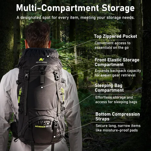 Vista 4 de N NEVO RHINO Mochila de senderismo con marco interno 40L con cubierta de Negro