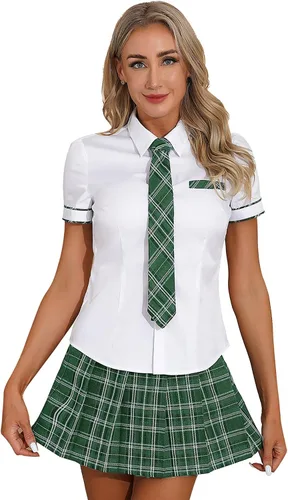 Vista 8 de FEESHOW Conjunto de uniforme para mujer, disfraz de cosplay con falda a cuadros Borgoña
