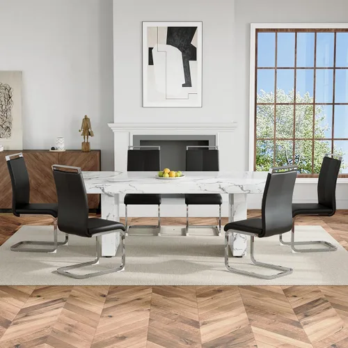 Vista 3 de Ebullient - Juego de mesa de comedor de mármol de 79 pulgadas para 6, mesa con patrón de mármol blanco de 3.5 pulgadas con base de MDF estable