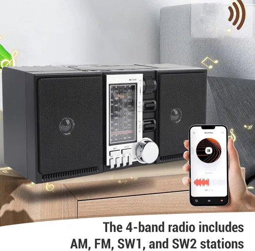 Vista 5 de PUSOKEI Radio AM FM SW, radio portátil de onda corta con altavoces duales de 5 W, reproducción de tarjeta SD USB, radio recargable para uso