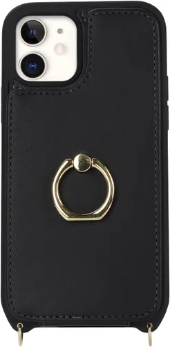 Vista 6 de Lipvina Funda tipo cartera cruzada para iPhone 12 Mini con correa, color negro