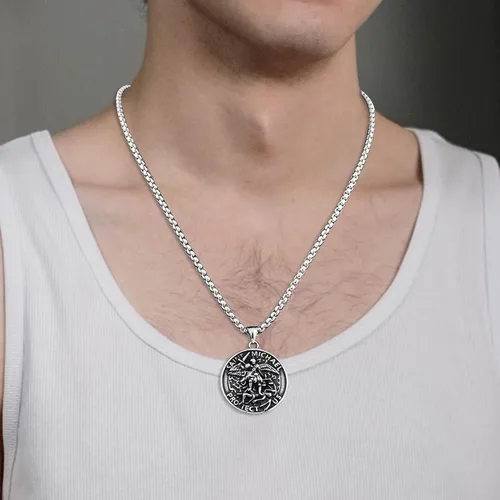 Vista 4 de FLYUN St Michael Necklace for Men, Archangel Saint Michael Pendant Medal in Stainless Steel