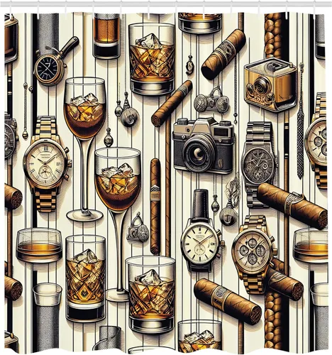 Vista 4 de Ambesonne Cortina de ducha con diseño de cueva de hombre, diseño masculino con relojes de whisky helado, cámara de fotos retro, juego de decoración