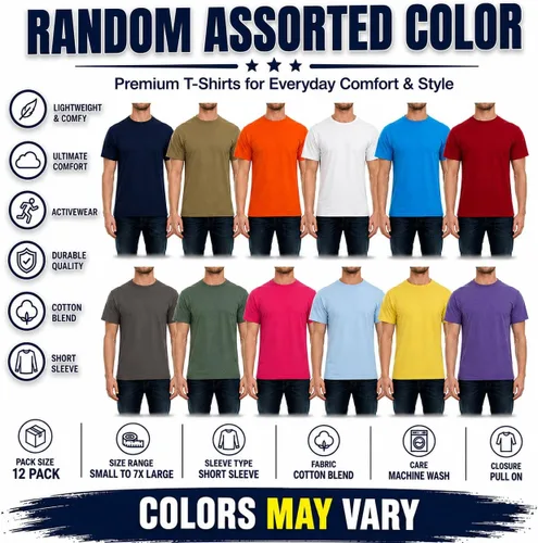 Vista 2 de SOCKS'NBULK Paquete de 12 camisetas de manga corta con cuello redondo y cuello redondo para hombre, mezcla de colores, tamaño a granel Paquete de 12