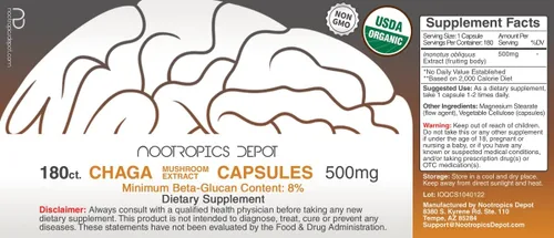 Vista 2 de Nootropics Depot Cápsulas de hongos Chaga 500 mg 180 unidades Inonotus obliquus