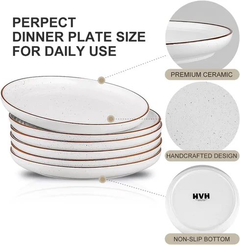 Vista 6 de HVH Juego de 6 platos de porcelana de 10.25 pulgadas, juego de platos de cerámica grandes para cena, ensalada, postre, platos de cerámica y platos