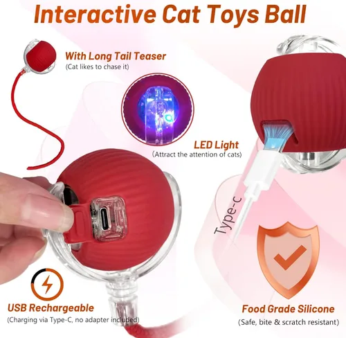 Vista 5 de Juguete de bola de gato en movimiento ágil con cuerda (rojo)