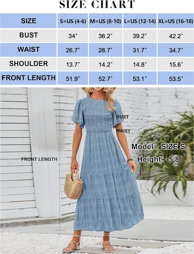 Vista 5 de ZESICA - Vestido veraniego largo y casual para mujer con estampado floral manga corta y cuello redondo de cintura alta fruncida