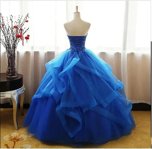 Vista 3 de Fair Lady Vestido de fiesta largo con volantes vestido de fiesta vestidos de quinceañera sin tirantes de encaje de tul con cuentas vestido de noche