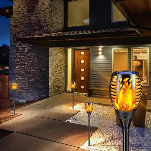 Vista 8 de TomCare Paquete de 6 antorchas de llamas parpadeantes para exteriores, luces decorativas de jardín, alimentadas por energía solar, iluminación