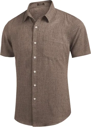 Vista 3 de COOFANDY - Camisa de lino de manga corta con botones estilo informal para hombre, ideal para la playa
