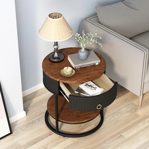 Vista 3 de OIOG - Mesa auxiliar redonda con cajón, mesa auxiliar moderna de madera con estante, mesa de noche de 2 niveles con cajón para sala de estar Negro