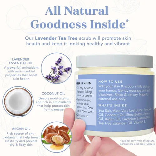 Vista 3 de Bare Botanics Guantes de ducha exfoliantes + exfoliante de sal corporal de árbol de té de lavanda