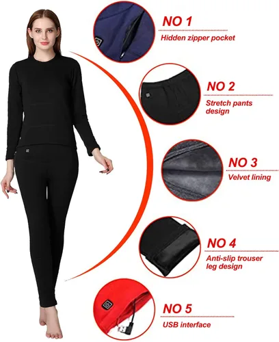 Vista 5 de TRUNYAQI Ropa interior térmica para mujer, leggings para mujer de nieve, conjunto de ropa interior térmica térmica para recargable USB