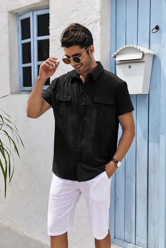 Vista 5 de Pengfei Mens Short Sleeve Shirts Linen Cotton Button Down Tees Spread Collar Plain Shirts A-Grey Large