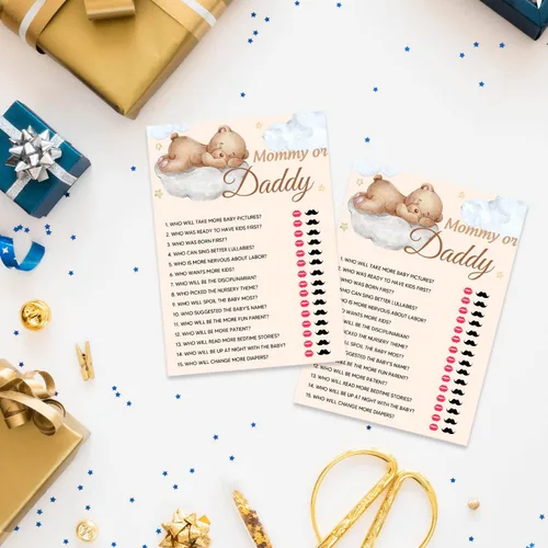 Vista 4 de Juegos de baby shower, juego de mamá o papá, tarjetas de fiesta temática de oso pequeño para niños o niñas neutros de género, suministros de fiesta