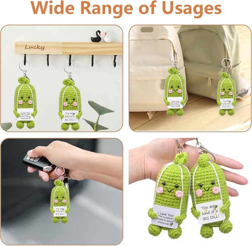 Vista 4 de Funny Positive Crochet Cucumber Keychain Handmade Emotional Support Knitted Cucumber Keychain Gift for Bag Charm