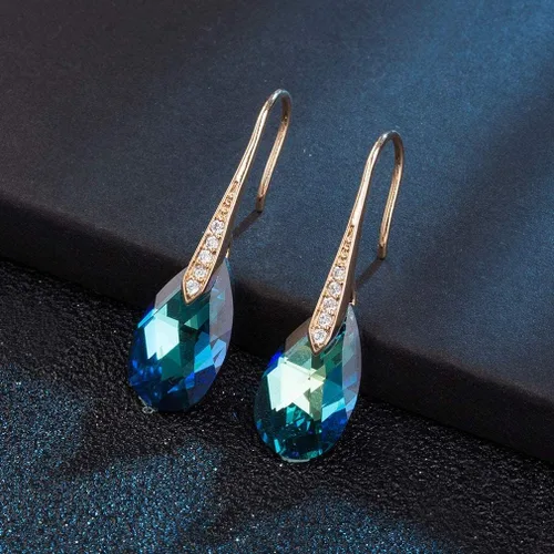 Vista 3 de Aretes colgantes en forma de lágrima de cristal austriaco para mujer, aretes con gancho chapados en oro rosa de 14 quilates, joyería hipoalergénica