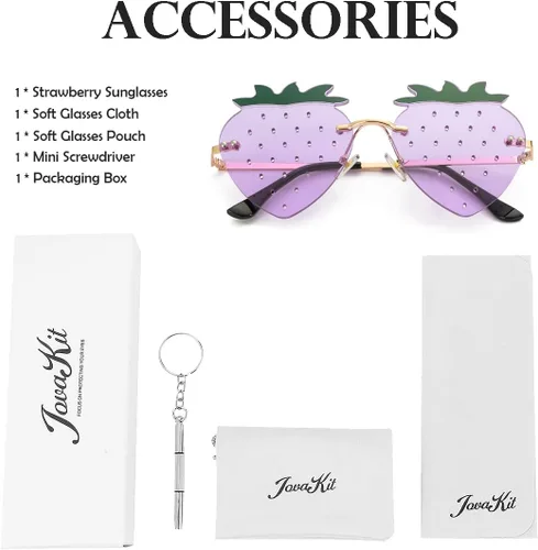 Vista 7 de JOVAKIT Gafas de sol con forma de fresa para mujeres y hombres, gafas de sol retro sin montura para fiesta rave, gafas de Halloween (doradomorado)