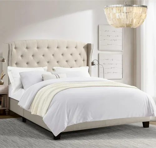 Vista 9 de Rosevera Essential - Base de cama de plataforma con cabecera capitoné tapizada de tela, soporte de listones de madera, fácil montaje, matrimonial