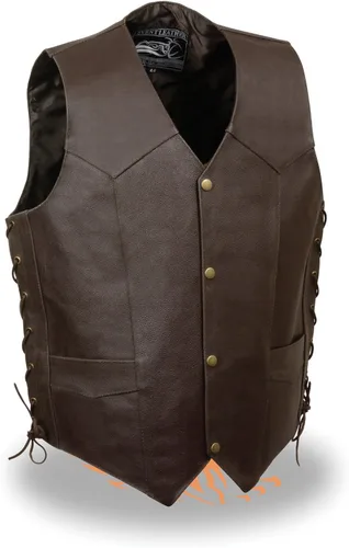 Vista 4 de Chaleco de cuero para hombre con cabeza de águila y estrellas en relieve con encaje lateral marrón y negro