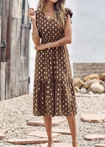 Vista 3 de KIRUNDO Vestido de verano para mujer, con volantes, sin mangas, cuello en V, elegante, con abertura, acampanado, para fiesta en la playa, cóctel
