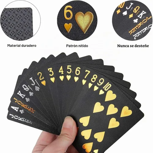 Vista 4 de Merytes 2 barajas de cartas de póquer impermeables y cartas de juego con tarjetas de truco clásicas de PVC de plástico flexible Negro dorado