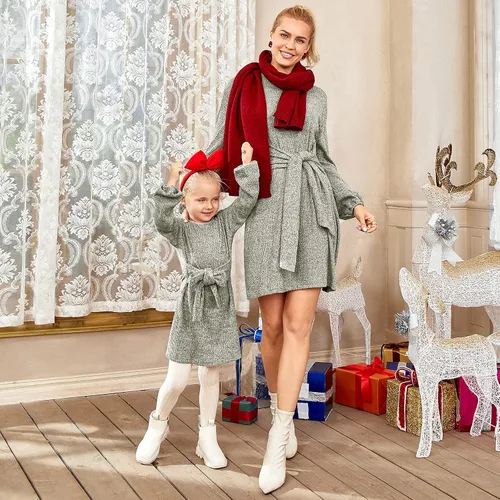 Vista 3 de PopReal Mommy and Me Outfits - Vestido de manga larga con estampado de leopardo negro y lazo frontal en la cintura, ropa familiar a juego