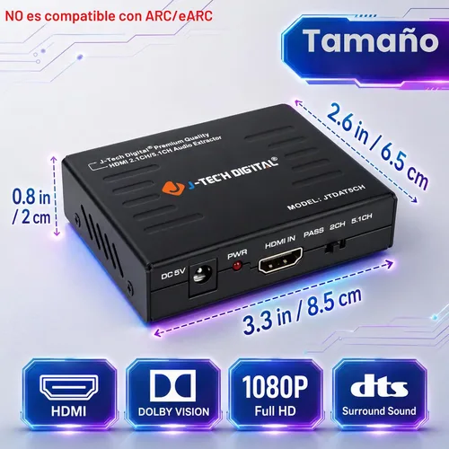 Vista 2 de J-Tech Digital Premium Quality 1080P HDMI a HDMI + Audio (SPDIF + RCA estéreo) Convertidor y extractor de audio (JTDAT5CH)