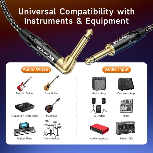 Vista 4 de Cable Matters Paquete de 2 cables trenzados para guitarra eléctrica TS en ángulo recto de 1/4 de pulgada, cable de guitarra recto a recto, cable