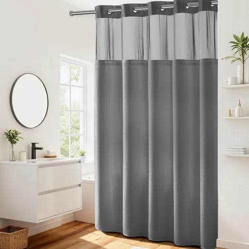 Vista 21 de Cortina de baño River Dream de gran peso sin ganchos necesarios con diseño de gofre punteado y forro a presión - 36W x 74H, de calidad hotelera