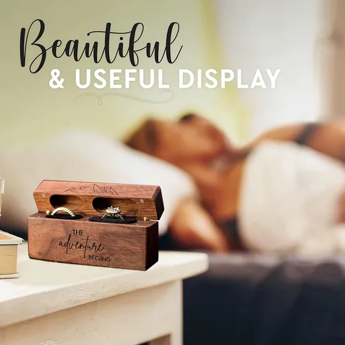 Vista 4 de Caja de madera para anillos de boda, caja de compromiso de madera, accesorios de boda, cajas de anillos para dos anillos, recuerdo rústico grabado
