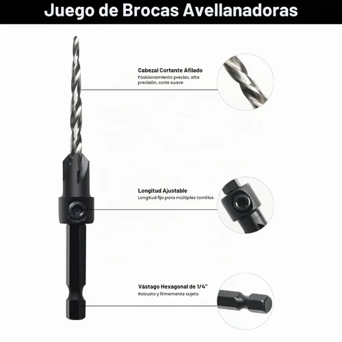 Vista 3 de Juego de Brocas Avellanadas GMTOOLS, 3 Piezas de Brocas Cónicas M2 HSS, con Vástago Hexagonal de 1/4" de Cambio Rápido y Llave Allen, Juego