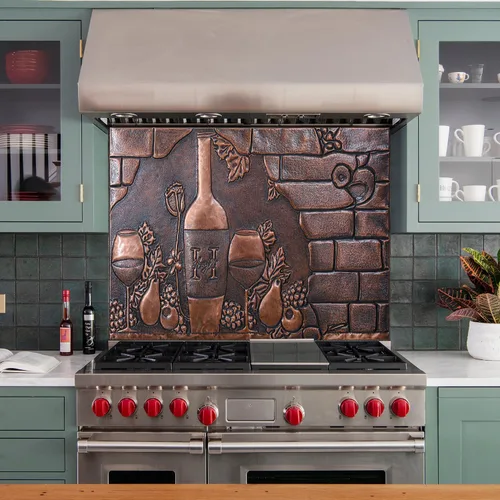 Vista 8 de Protector contra salpicaduras de cocina, botella de vino y vidrio, diseño de uvas y peras), panel de cobre personalizado, azulejos de cobre hechos a