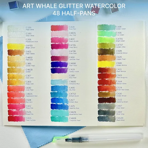 Vista 2 de Acuarela metálica 48 colores Caja de lata y pincel de agua Pigmentos intensos, mezcla suave