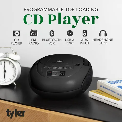 Vista 2 de Tyler Reproductor de CD portátil Boombox con radio FM, Bluetooth y puerto USB Sonido estéreo claro Compatible con CD-R/RW y MP3 CDs Entrada