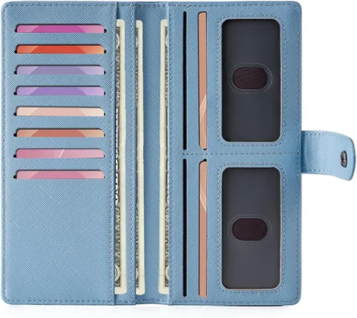 Vista 10 de Unilily Cartera delgada para mujer, con bloqueo RFID, de piel vegana, plegable, tarjetero con 2 ventanas de identificación y bolsillo con Lila