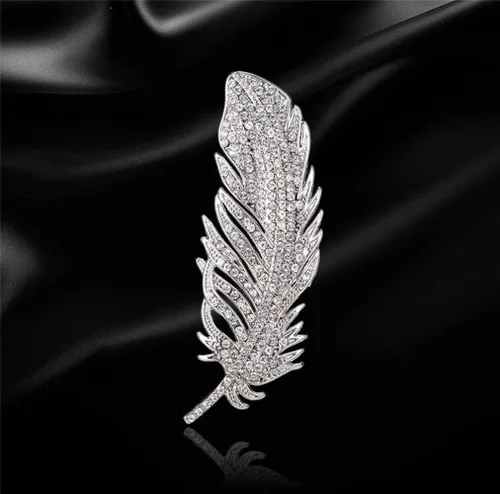 Vista 2 de Broche de plumas de cristal para mujeres y hombres con diamantes de imitación, broche de metal, accesorio de ropa, joyería, boda, fiesta nupcial