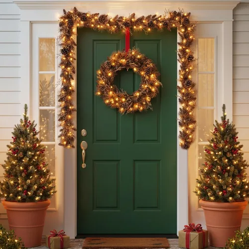 Vista 6 de Goplus - Guirnalda de Navidad preiluminada de 2,7 m, guirnalda artificial con luces, funciona con baterías, con 140 PVC y agujas de pino, conos