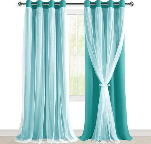 Vista 115 de Hiasan Cortinas opacas con superposición transparente, aislamiento térmico para mezclar y combinar de doble capa, cortinas de oscurecimiento de Beige