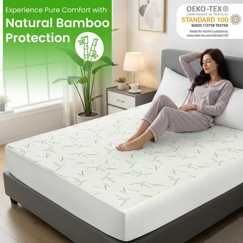 Vista 2 de Hannah Linen Protector de colchón de bambú, 100% impermeable, funda de colchón individual – Funda de colchón de bolsillo profundo ajustable de hasta